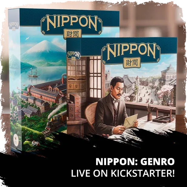 Official Nippon: Genro Kickstarter launch art from CrowD Games showing the expansion and base game boxes.
