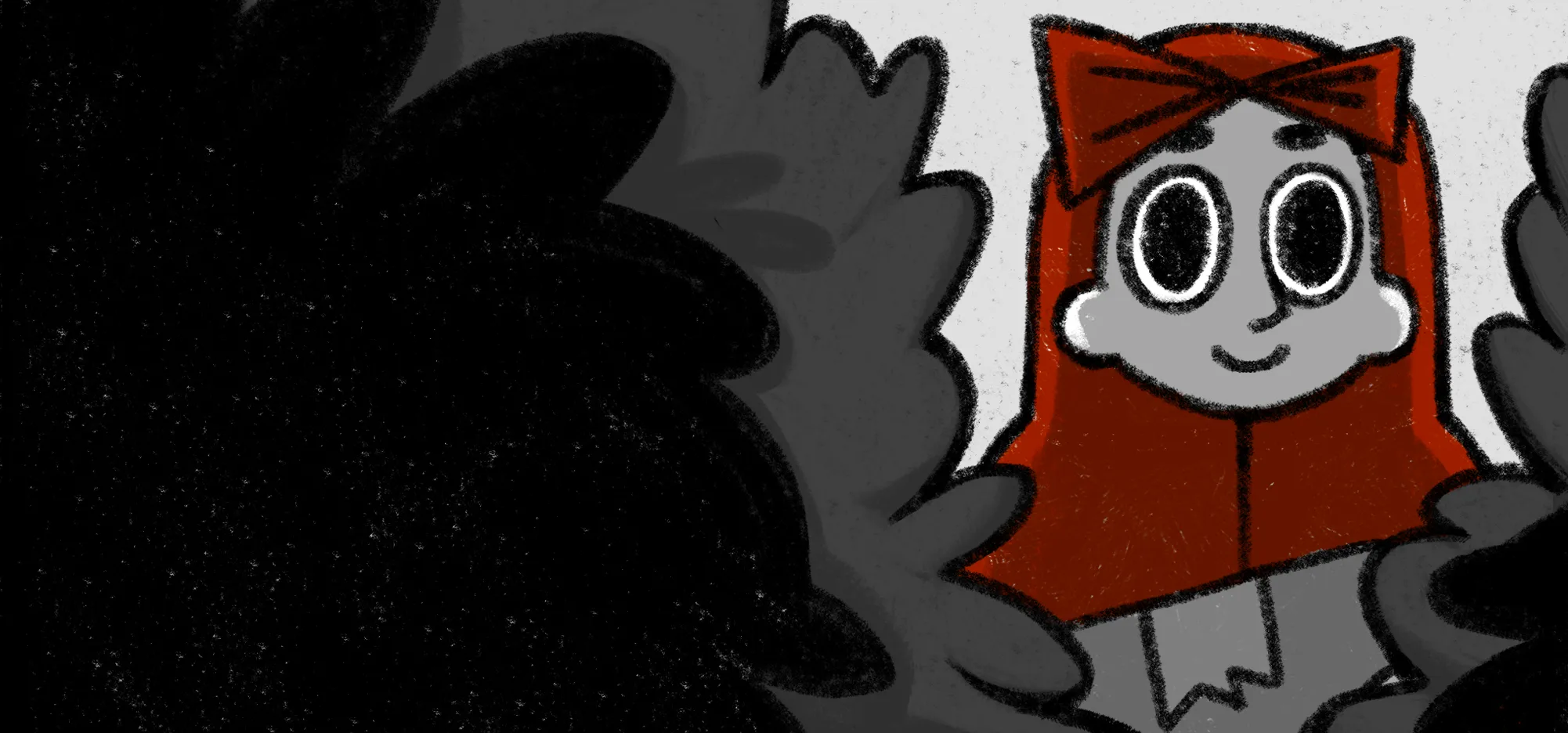 Red-hooded Tom looks out from between dark grey silhouettes.