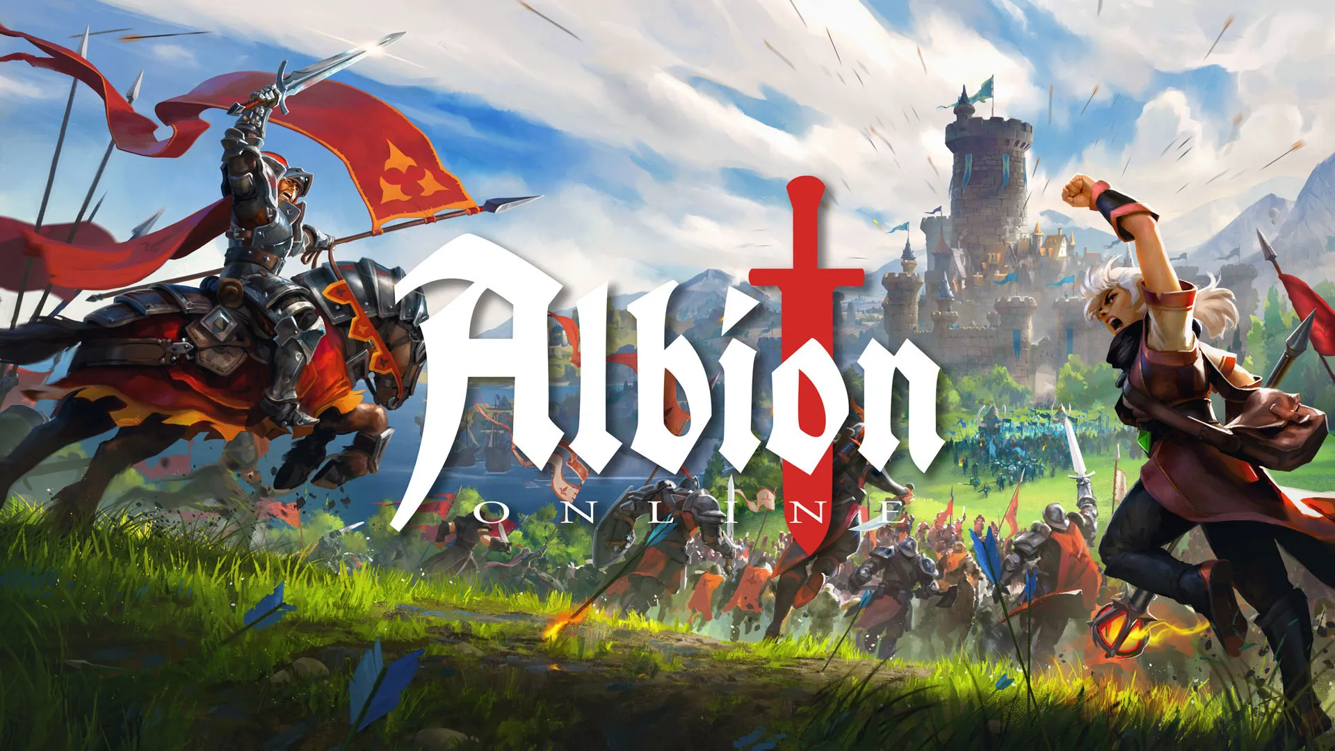 Official Albion Online art showing mounted characters riding toward the game’s fantasy city hub.
