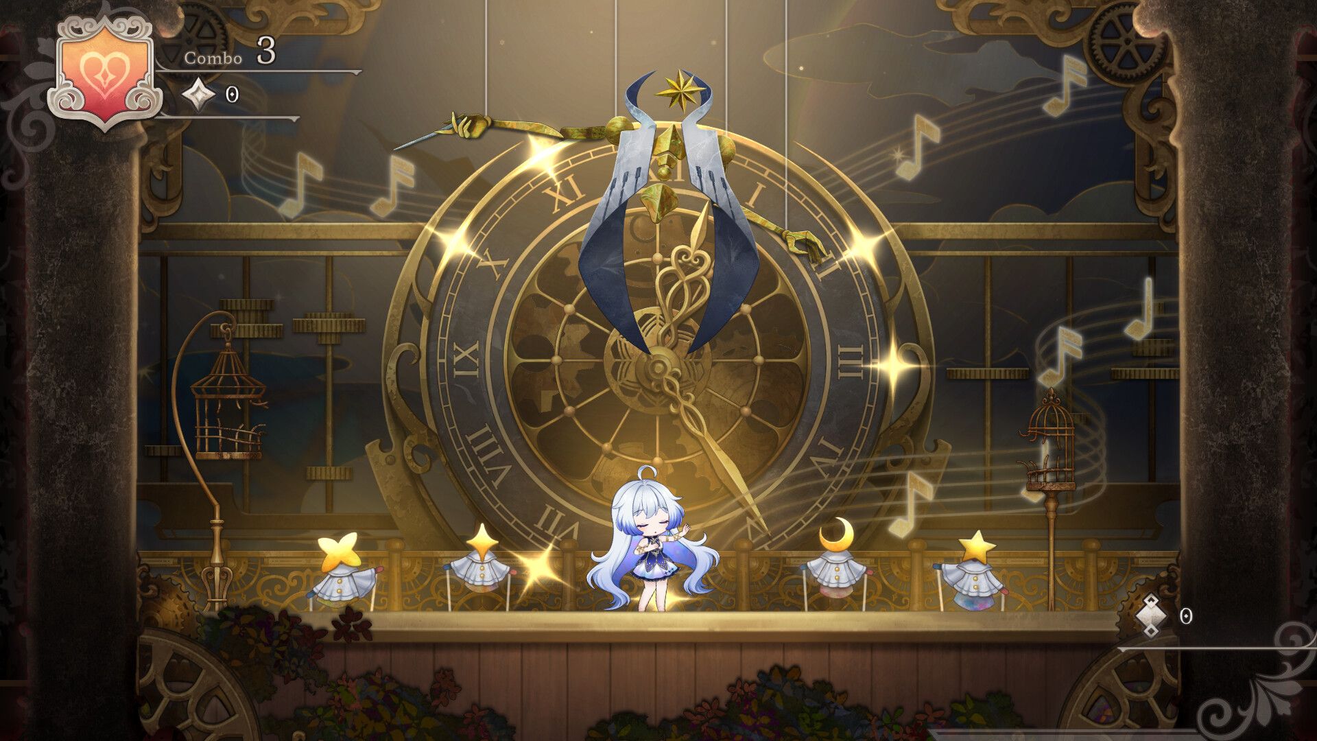 Blue-haired character on a clock-themed stage with floating robed figures and a combo counter.