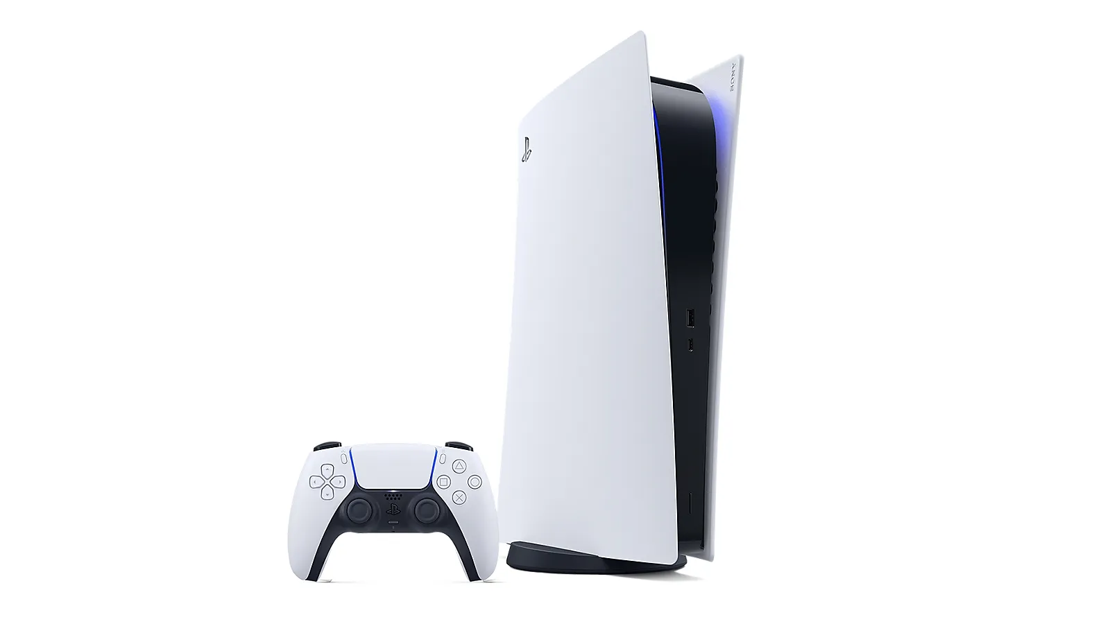Official PlayStation 5 console and DualSense controller product image on a white background.
