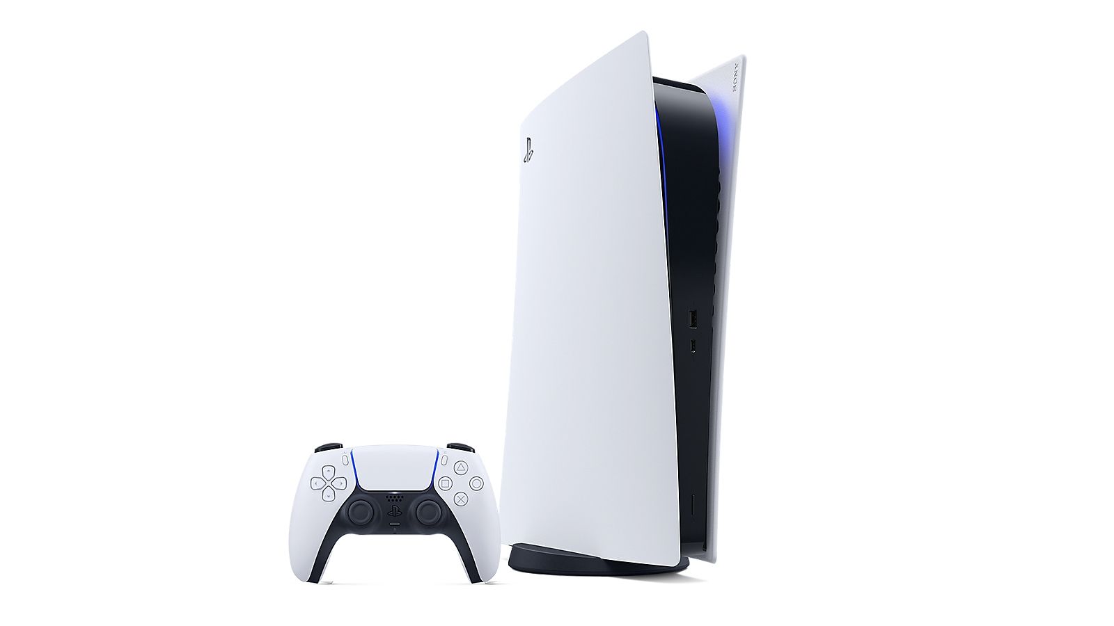 Official PlayStation 5 console and DualSense controller product image on a white background.