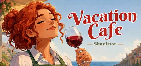 Official Vacation Cafe Simulator Steam header art showing the game's bright seaside Italian cafe setting.