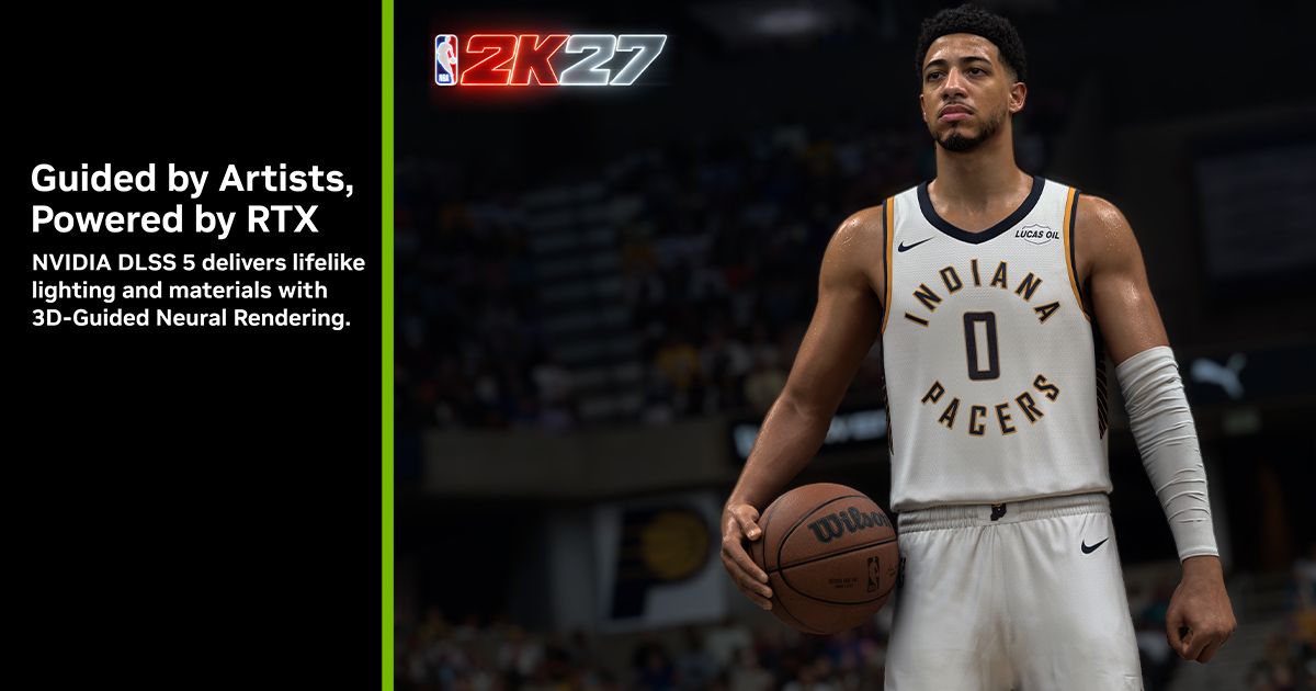 Official NVIDIA DLSS 5 artwork for NBA 2K27 showing players and green branding.