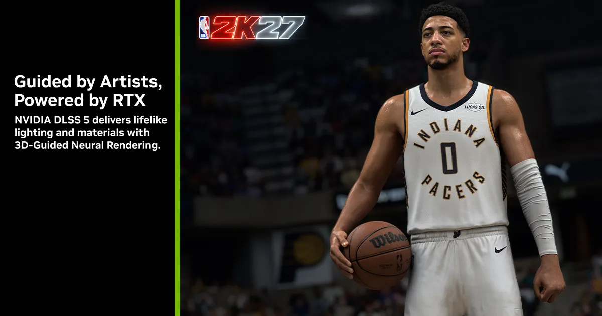 Official NVIDIA DLSS 5 artwork for NBA 2K27 showing players and green branding.