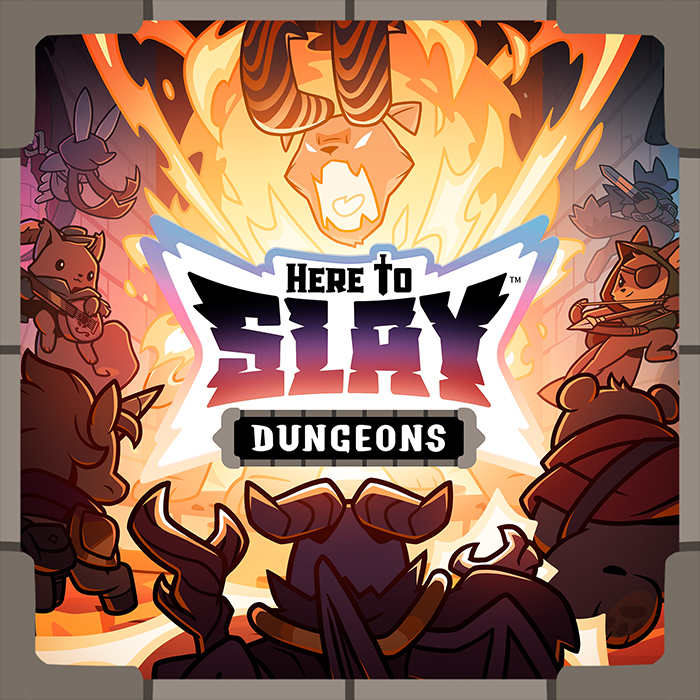 Official Here to Slay DUNGEONS campaign art from Unstable Games used for GameGuideDog coverage of the Gamefound campaign.