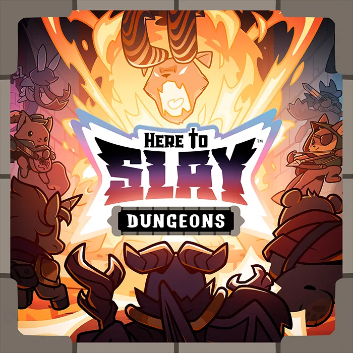 Official Here to Slay DUNGEONS campaign art from Unstable Games used for GameGuideDog coverage of the Gamefound campaign.