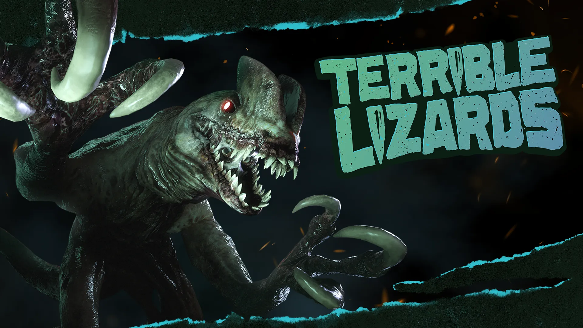 A snarling dinosaur with a glowing eye and long claws beside the Terrible Lizards logo.
