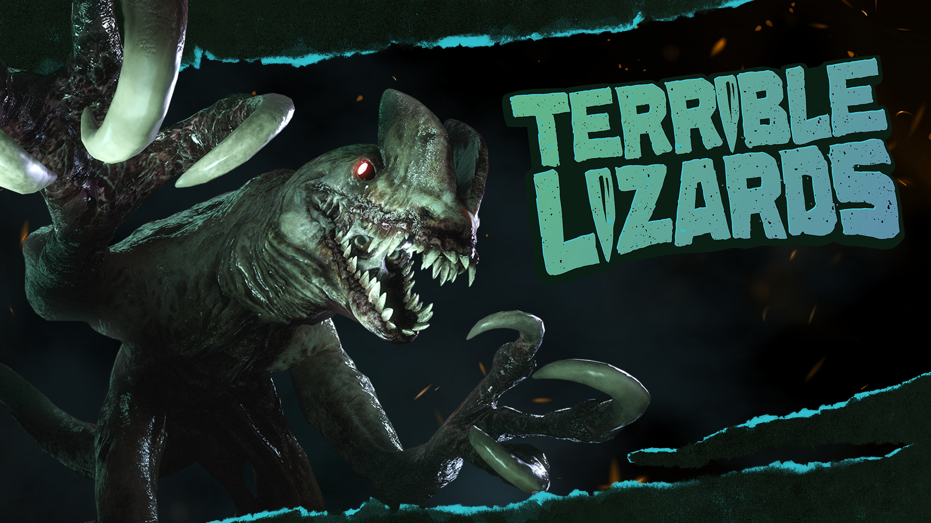 A snarling dinosaur with a glowing eye and long claws beside the Terrible Lizards logo.
