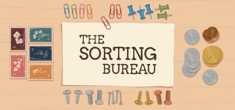 Official The Sorting Bureau Steam header art showing the game's cozy Tokyo workshop sorting setup.