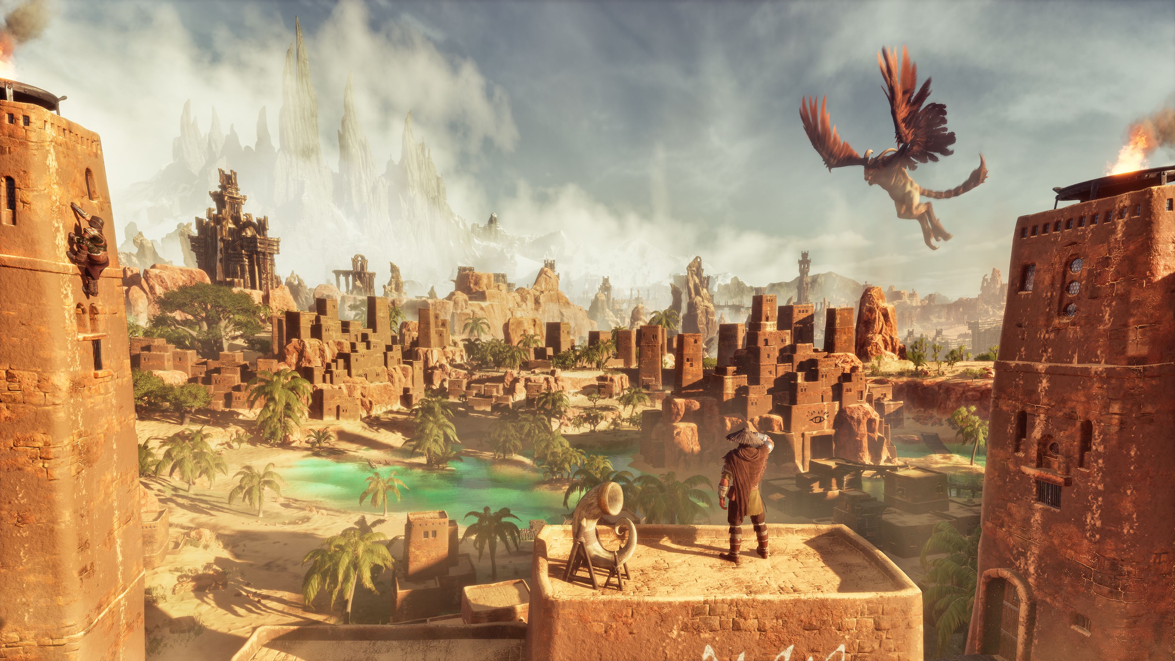 A character stands above a desert city with palms and water, while a winged creature flies overhead.