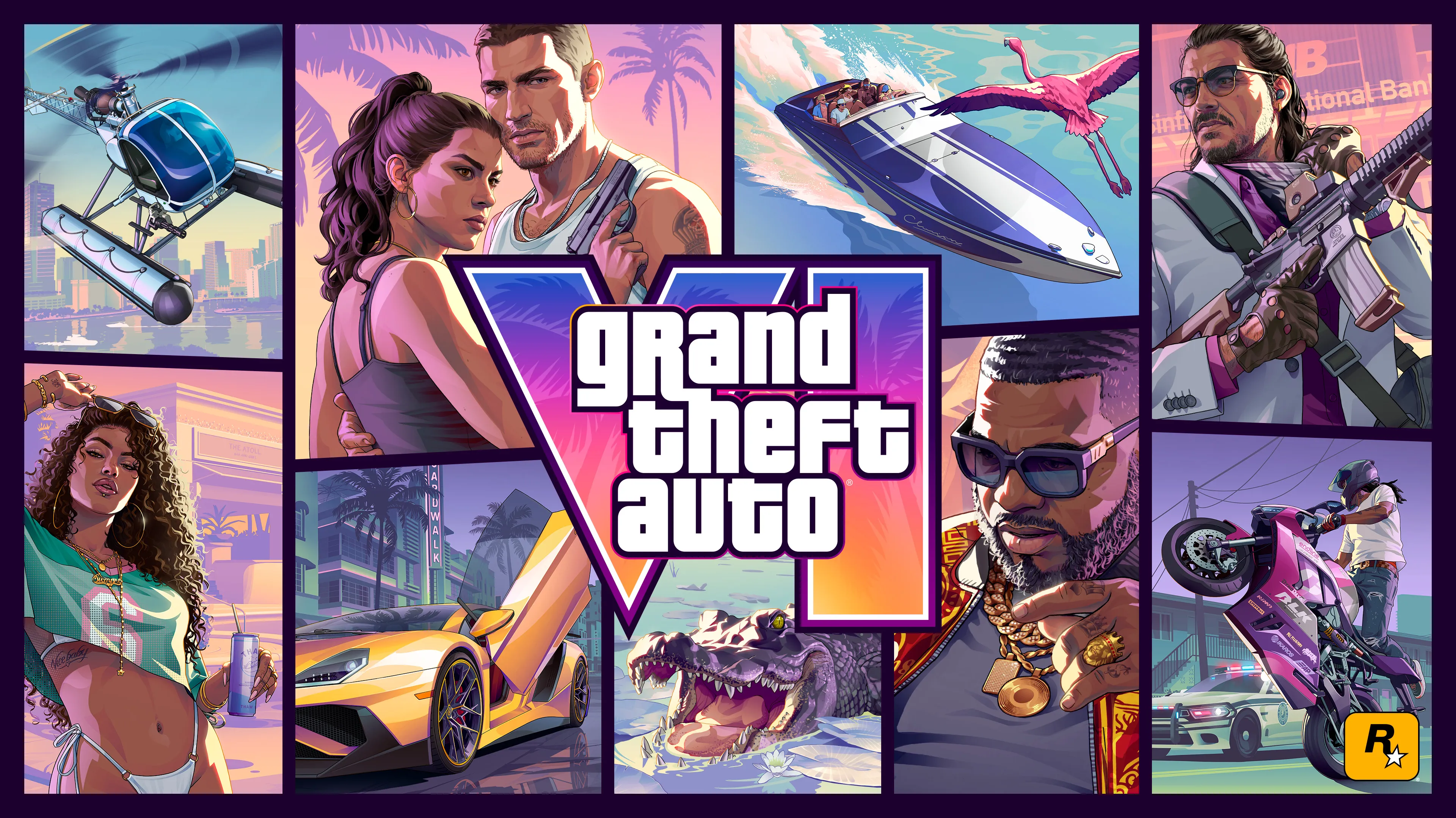 Official Grand Theft Auto VI cover art from Rockstar showing the main cast in a collage layout.