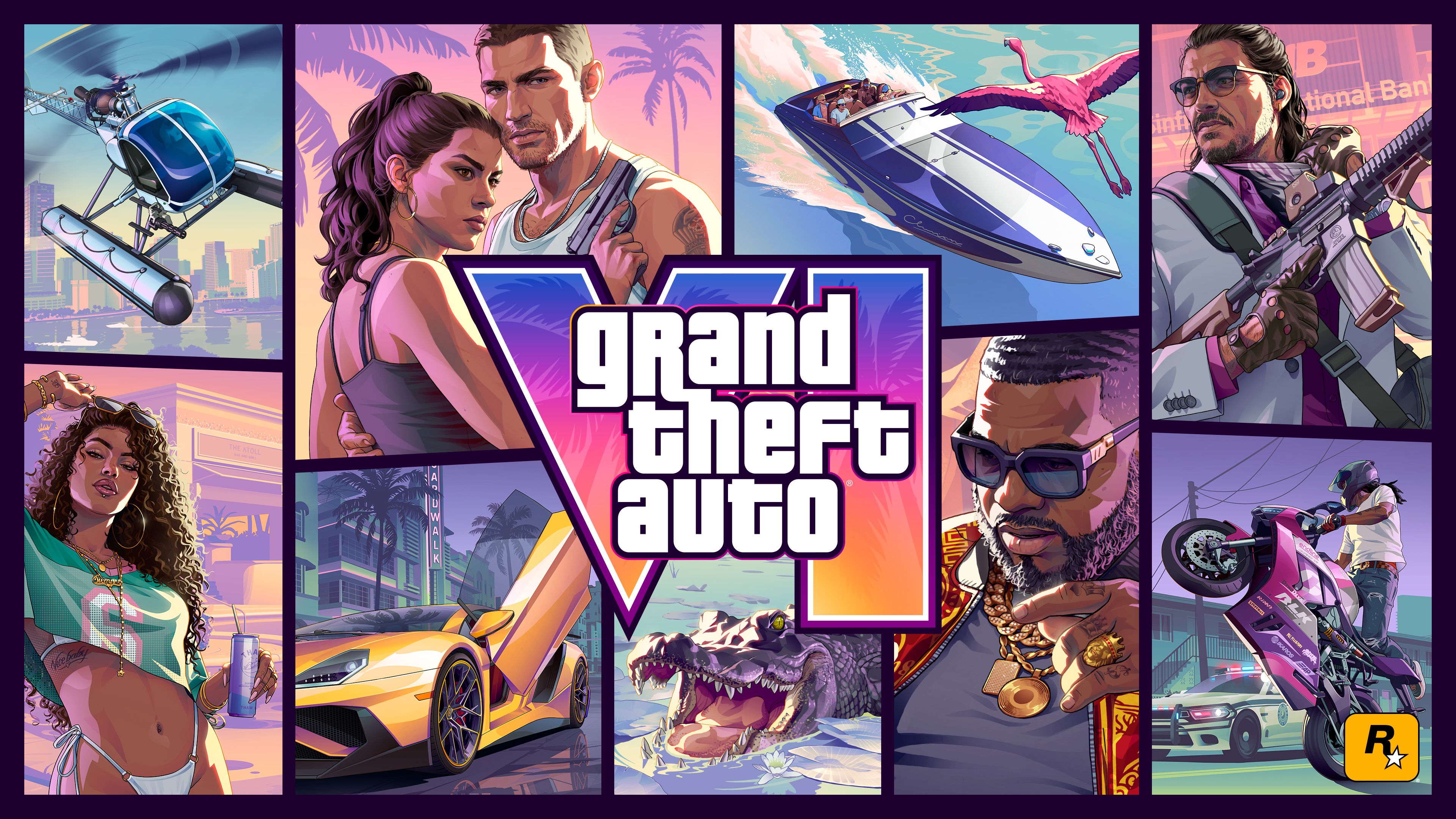 Official Grand Theft Auto VI cover art from Rockstar showing the main cast in a collage layout.