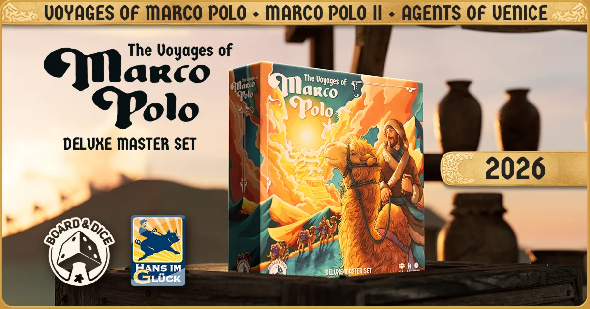Official Gamefound key art for Board&Dice’s Marco Polo Deluxe Master Set.
