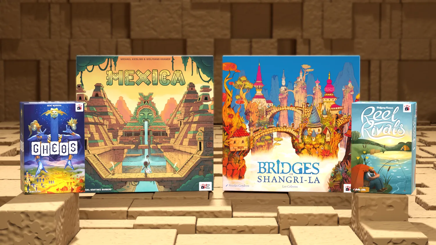 Official Play For Keeps campaign art for new editions of Mexica, Bridges of Shangri-La, Gheos, and Reel Rivals.