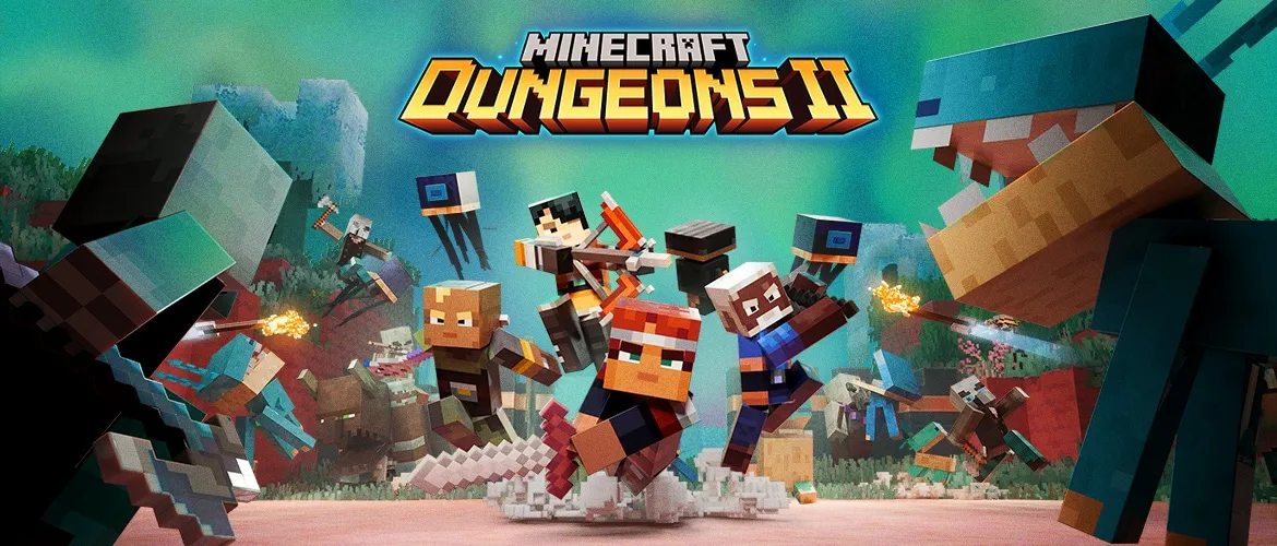 Official Minecraft Dungeons II Sift key art showing four heroes fighting monsters in a new dimension.