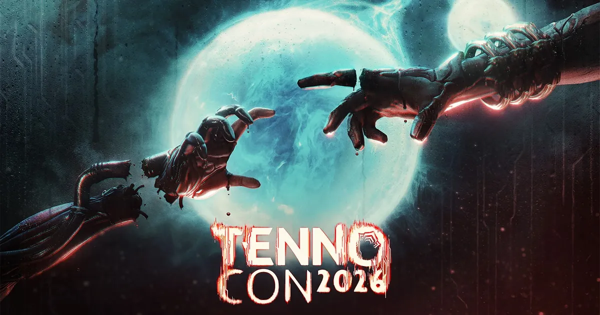 Official TennoCon 2026 key art for Warframe with the event title over a dark sci-fi scene.