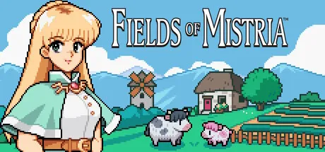Official Fields of Mistria header art showing the player character in a bright pixel-art farming valley with townsfolk, crops, and animals nearby.