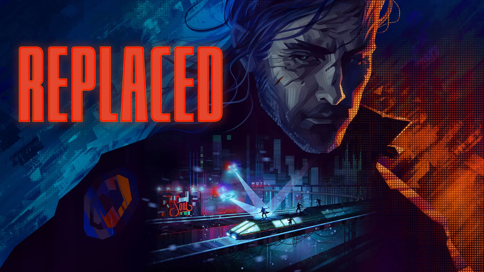 Official REPLACED key art showing the game’s neon-lit cyberpunk city and central character.