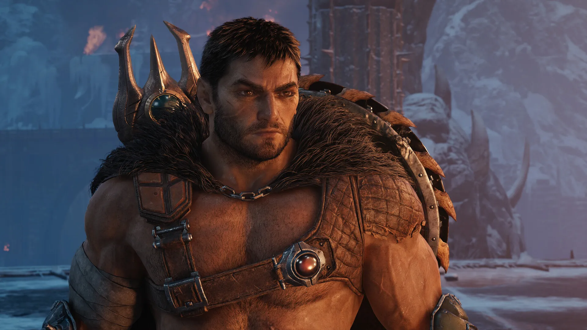 Official DOOM: The Dark Ages Revelations screenshot showing the unmasked Slayer in barbarian armor in a frozen setting.