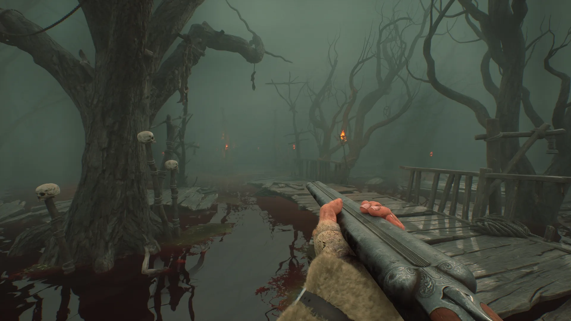 A shotgun points along a foggy wooden walkway among twisted trees in Stygian: Outer Gods.