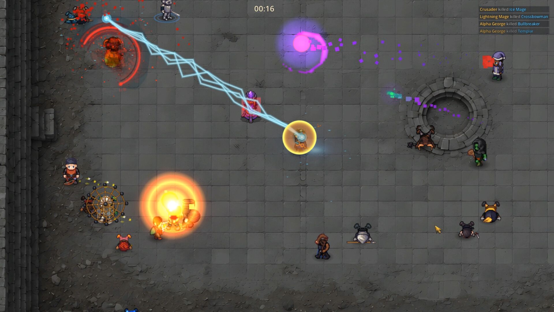 Official Eslabong screenshot showing a crowded arena fight with multiple fighters, effects, and top-down tactical UI.