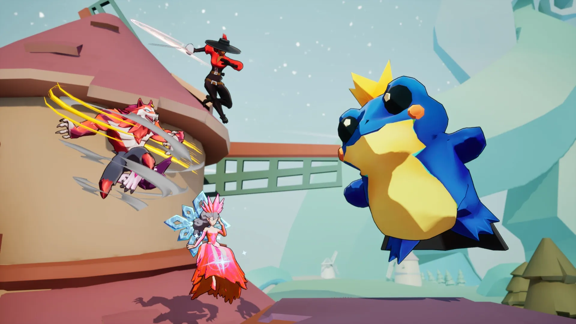 A crowned blue frog and other storybook fighters in Punch Upon a Time promotional art.