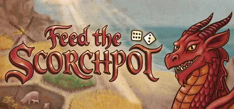 Oficjalna grafika Steam gry Feed the Scorchpot pokazujaca recznie rysowanego smoka i planszowy uklad wyspy.