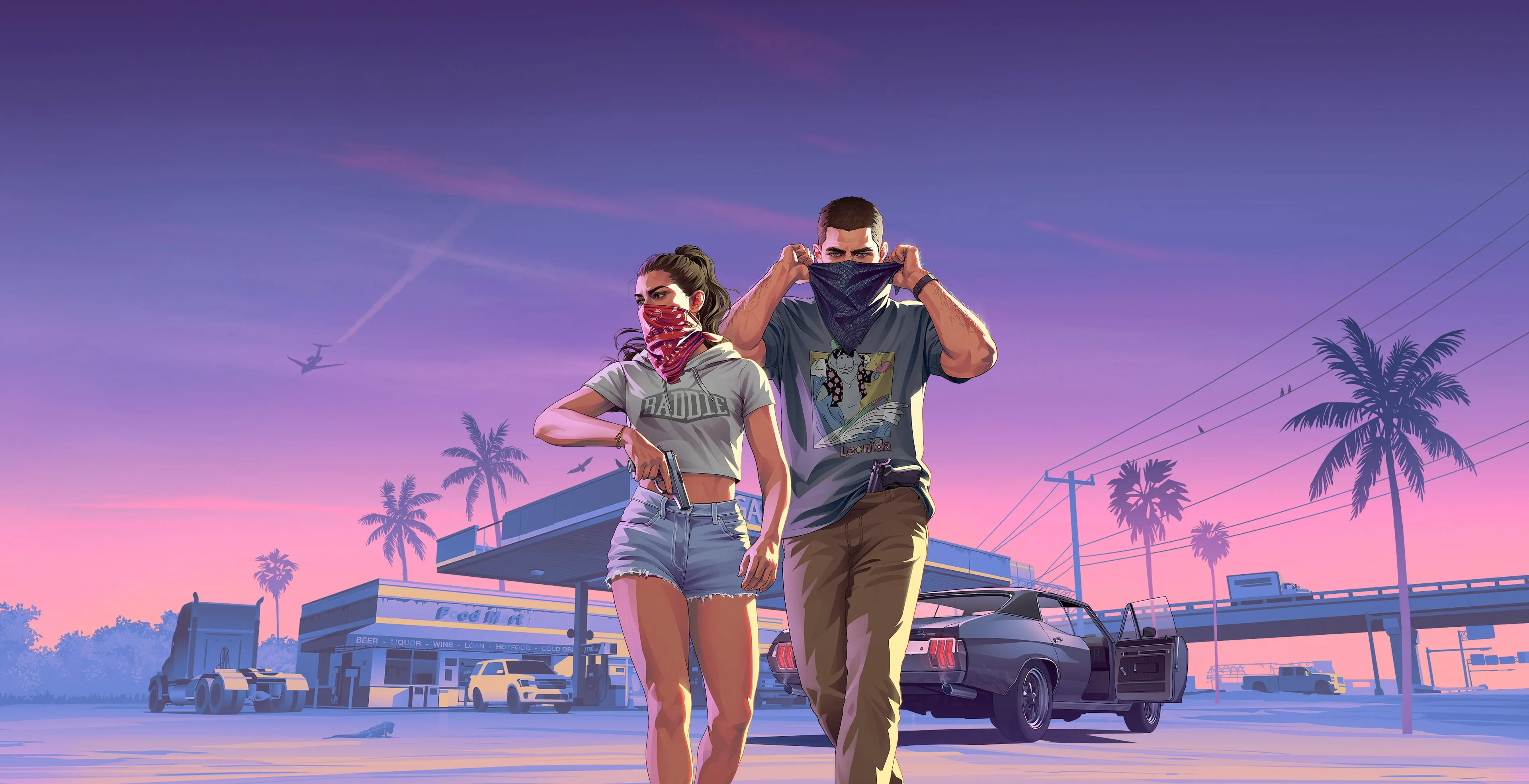Official Grand Theft Auto VI featured art from Rockstar showing Jason and Lucia against the wider Leonida backdrop.