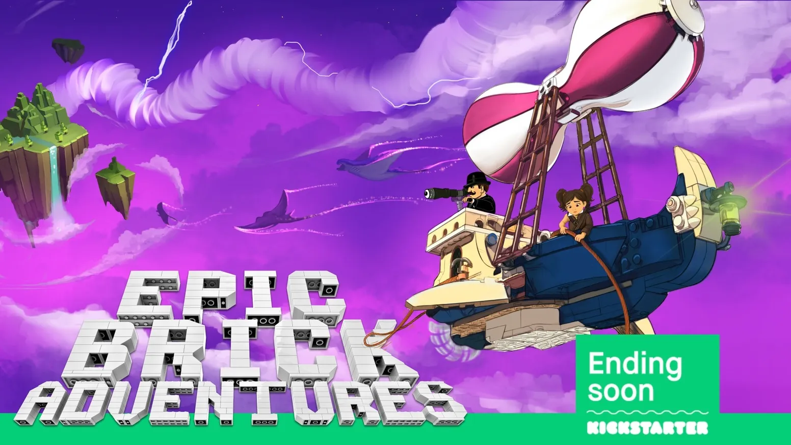 Official Epic Brick Adventures campaign art from Tinker Troll Games showing a brick-built airship flying through a purple sky.