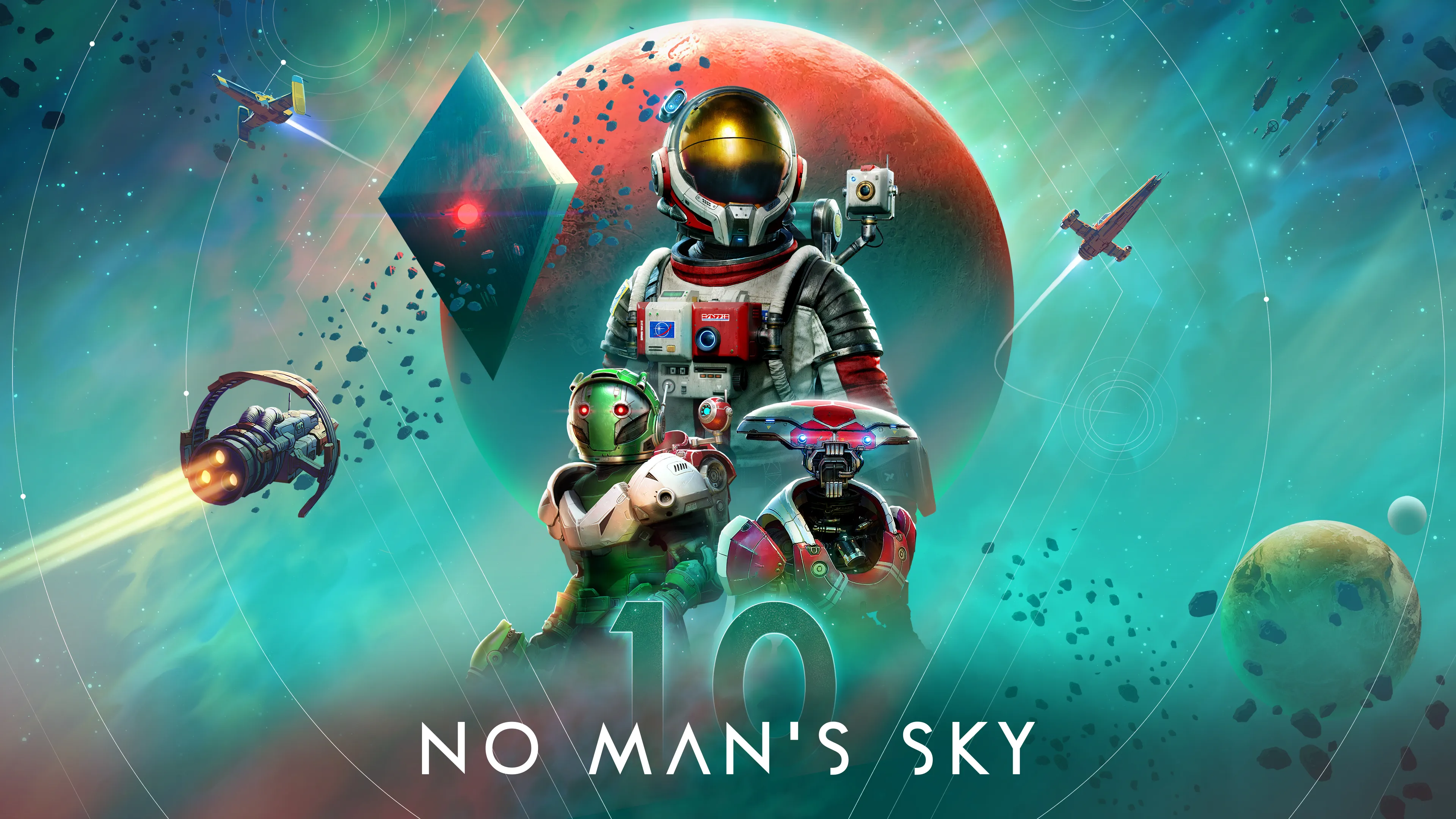 No Man’s Sky anniversary art with three travellers, an Atlas shape, planets and spacecraft.