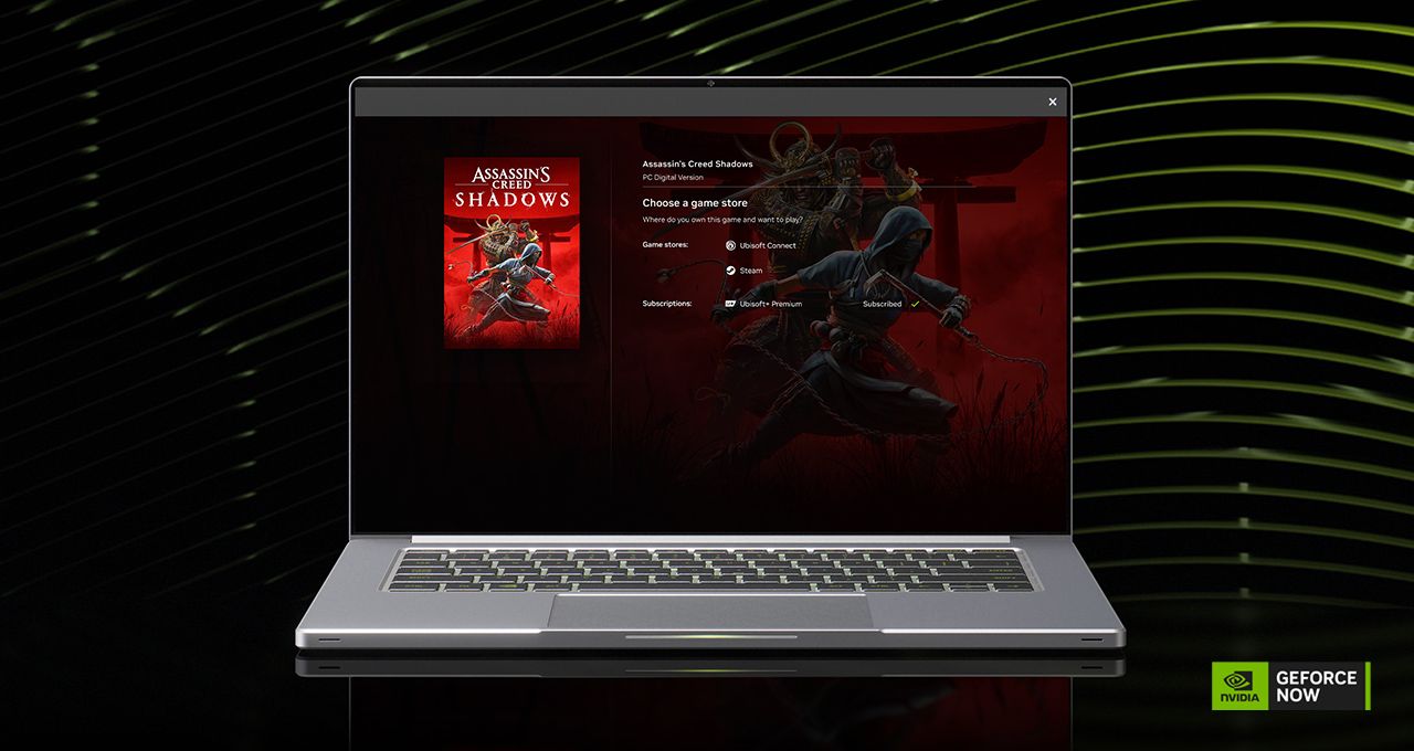Official GeForce NOW artwork showing the service update that adds subscription labels for connected libraries.