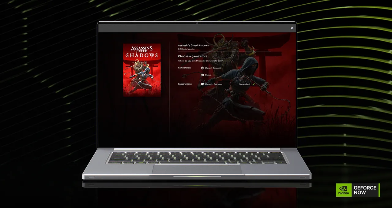 Official GeForce NOW artwork showing the service update that adds subscription labels for connected libraries.