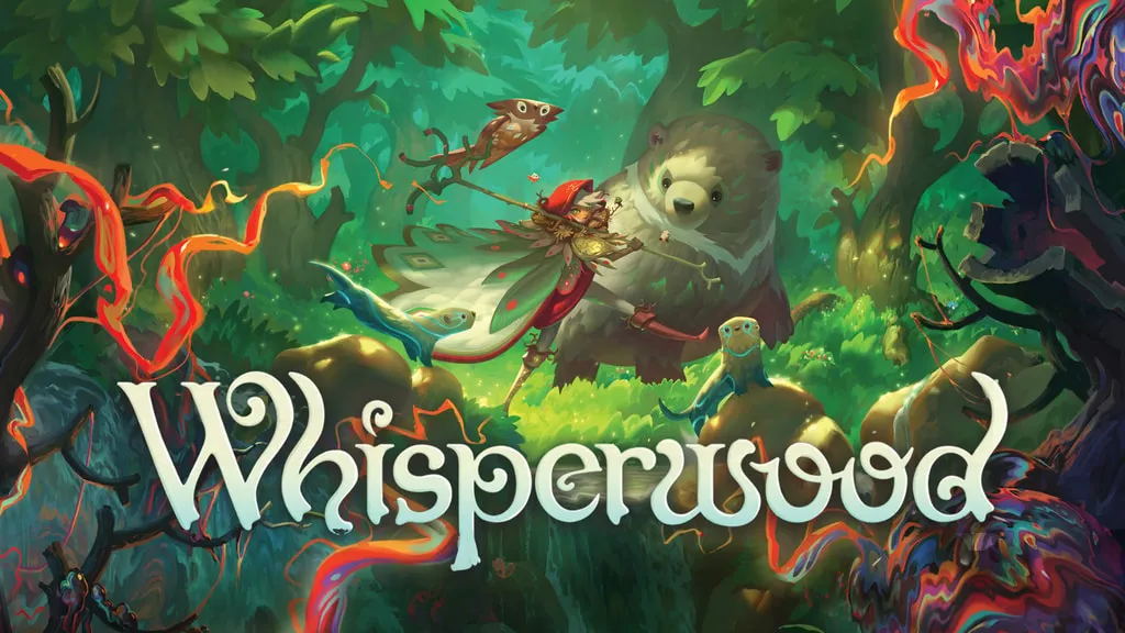 Official Whisperwood Kickstarter campaign artwork showing a druid and magical forest creatures.