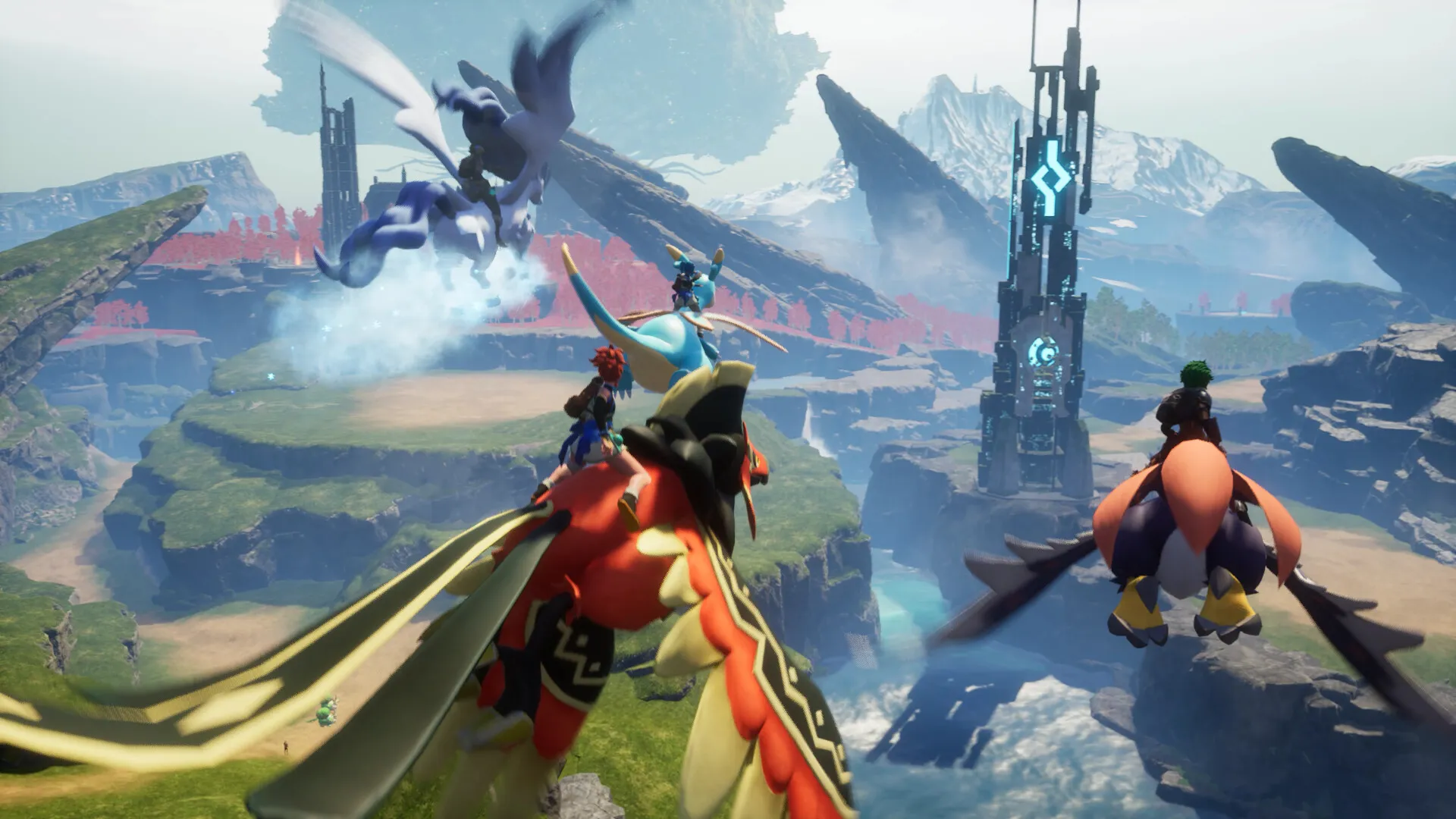 Official Palworld image showing several players riding flying Pals above a bright open-world valley with giant tower structures.