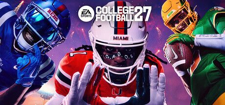 Official EA SPORTS College Football 27 Steam header art with cover athletes and college football branding.