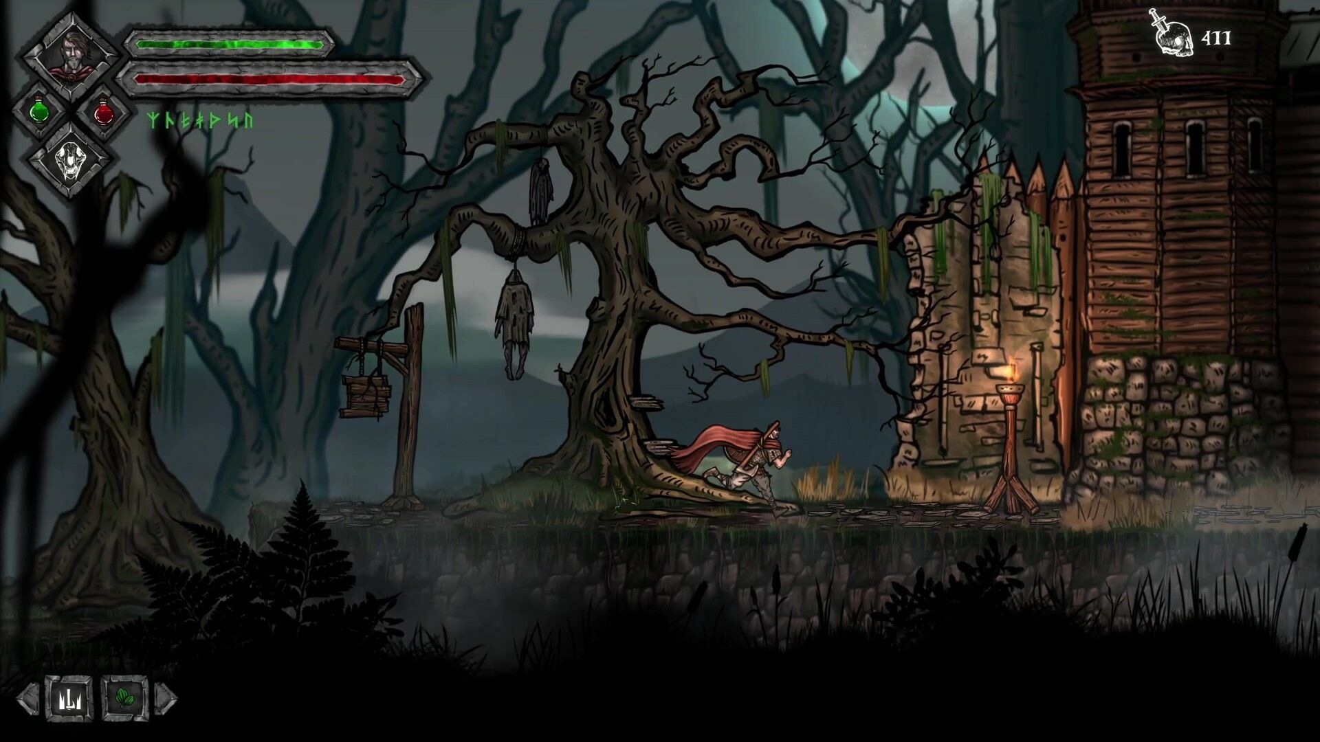 Official Volkolak: The Will of Gods gameplay screenshot showing a side-scrolling fight in a dark forest with the hero facing a large enemy.