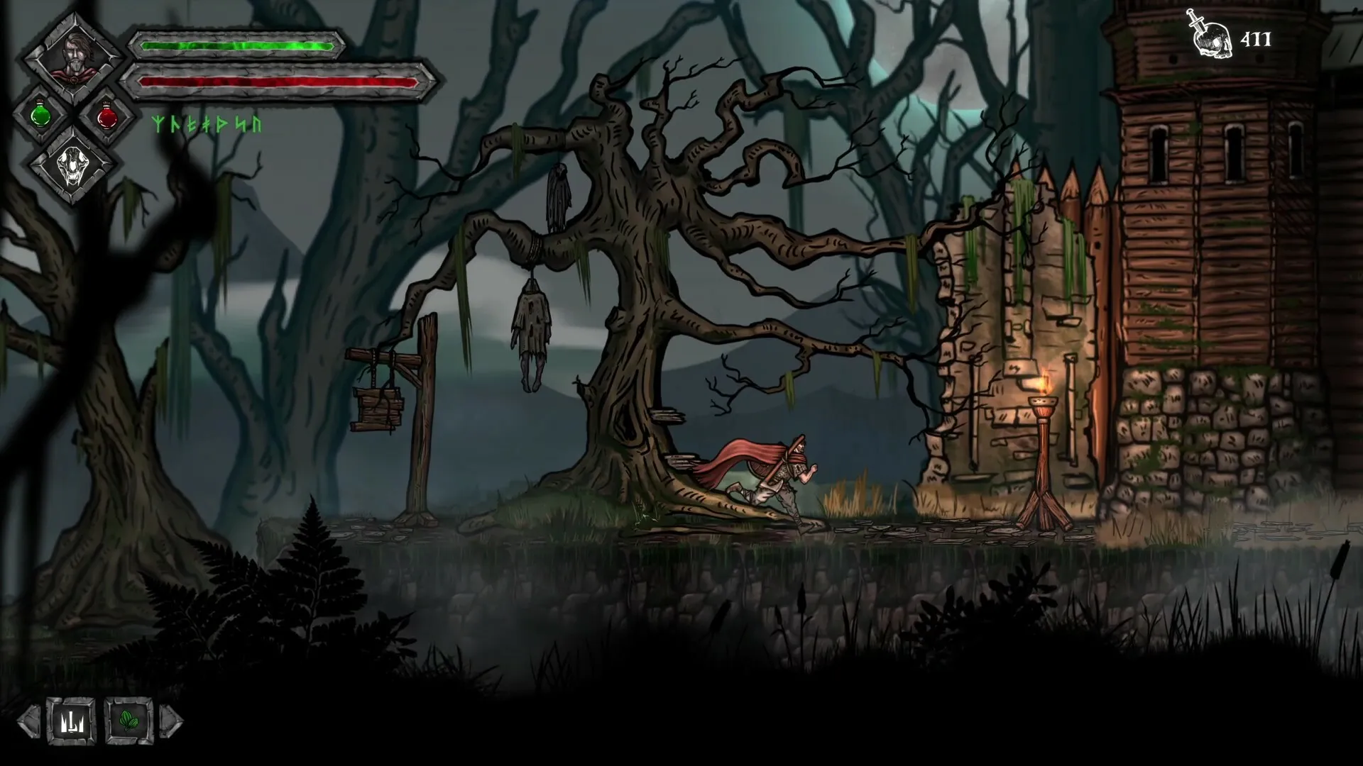 Official Volkolak: The Will of Gods gameplay screenshot showing a side-scrolling fight in a dark forest with the hero facing a large enemy.