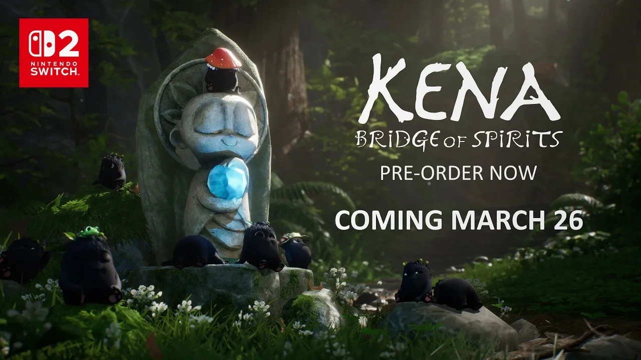 Official Kena: Bridge of Spirits Switch 2 trailer thumbnail showing Kena with the Rot in a forest scene.