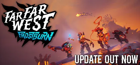Official Far Far West header art showing robot cowboys riding through a dusty sci-fi western landscape.
