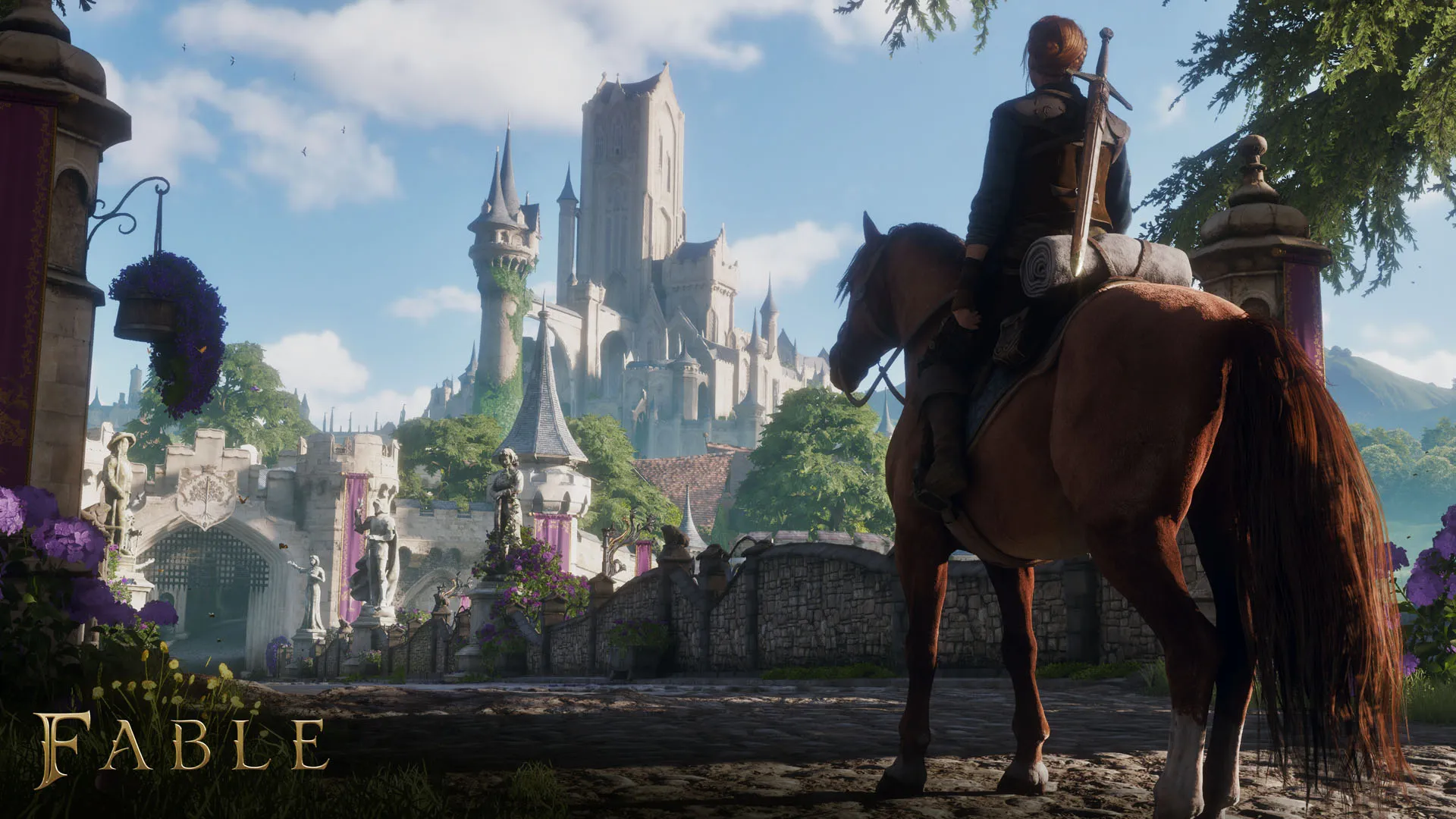 Official Xbox Wire Fable image showing the hero riding through Bowerstone during the Gamescom 2026 combat reveal cycle.
