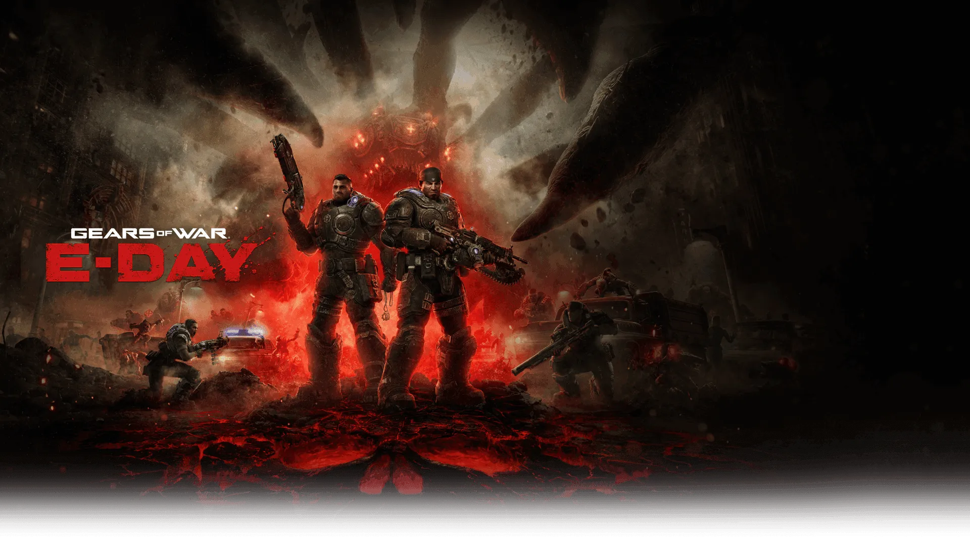 Official Gears of War: E-Day hero art showing Marcus Fenix and Dominic Santiago in heavy combat gear.