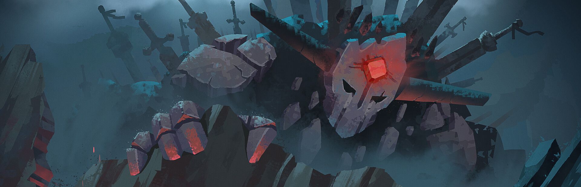 Official Lootbound hero art showing a giant masked guardian with a glowing red core rising from a dark battlefield.