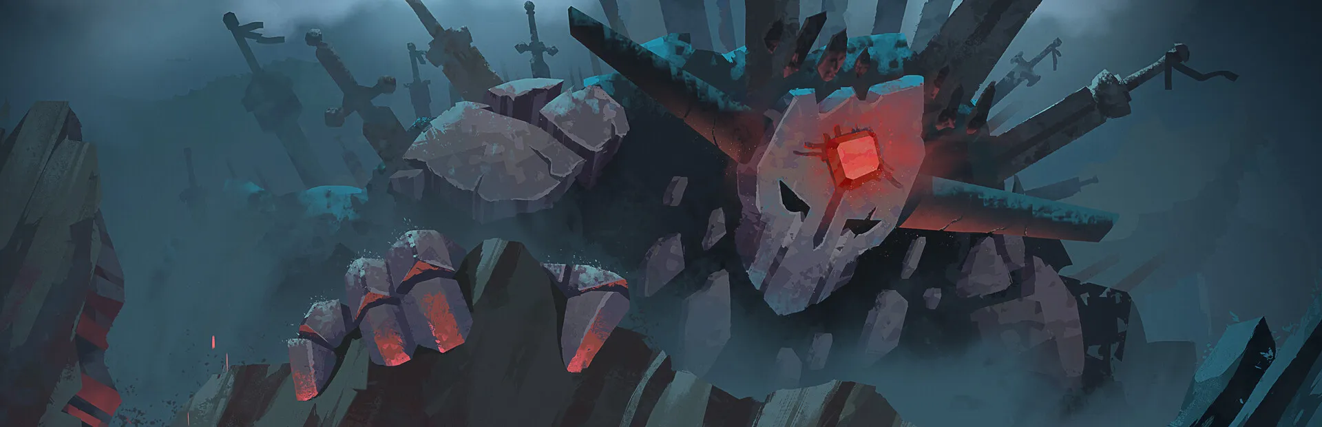 Official Lootbound hero art showing a giant masked guardian with a glowing red core rising from a dark battlefield.
