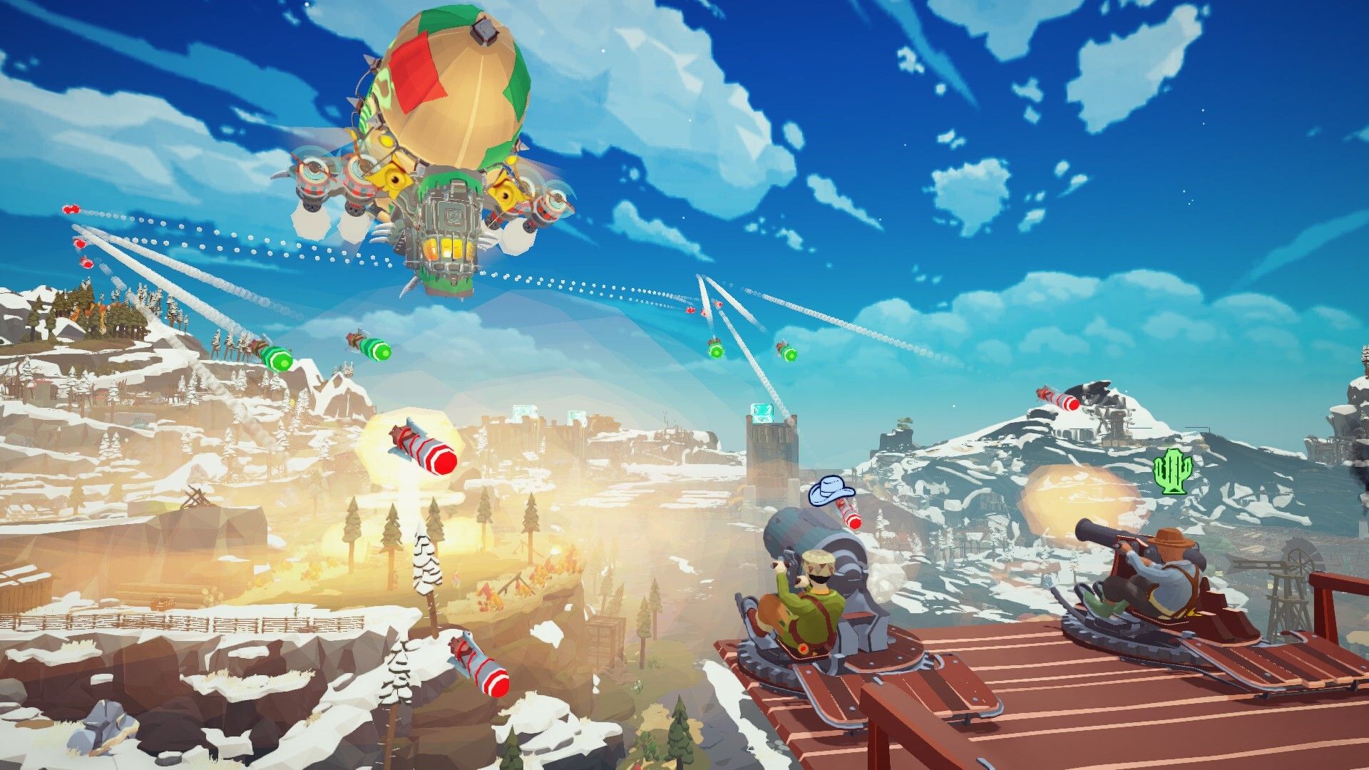 Official Survival Machine Steam screenshot showing a fortified moving base and survivors fighting through a bright outdoor biome.