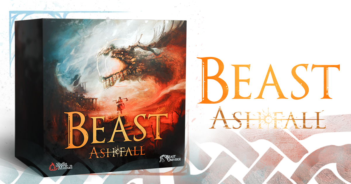 Official Beast: Ashfall campaign art from Studio Midhall used for GameGuideDog coverage of the Gamefound campaign.