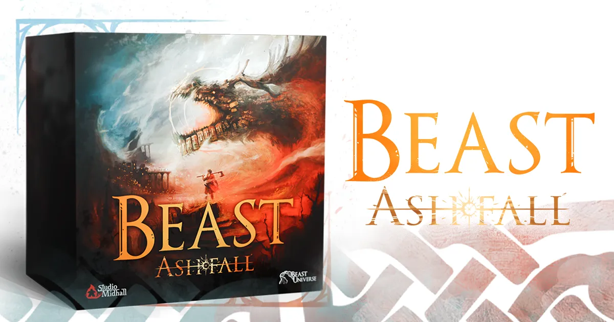 Official Beast: Ashfall campaign art from Studio Midhall used for GameGuideDog coverage of the Gamefound campaign.