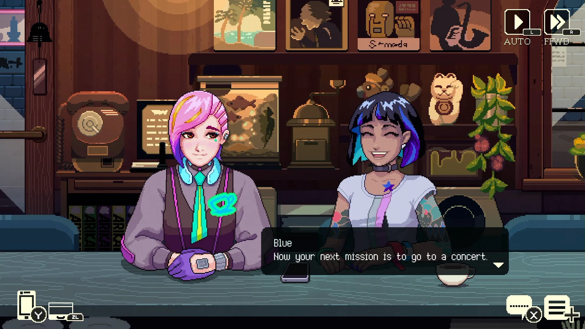 Official Coffee Talk Tokyo screenshot showing the late-night Tokyo cafe counter and two characters talking across it.