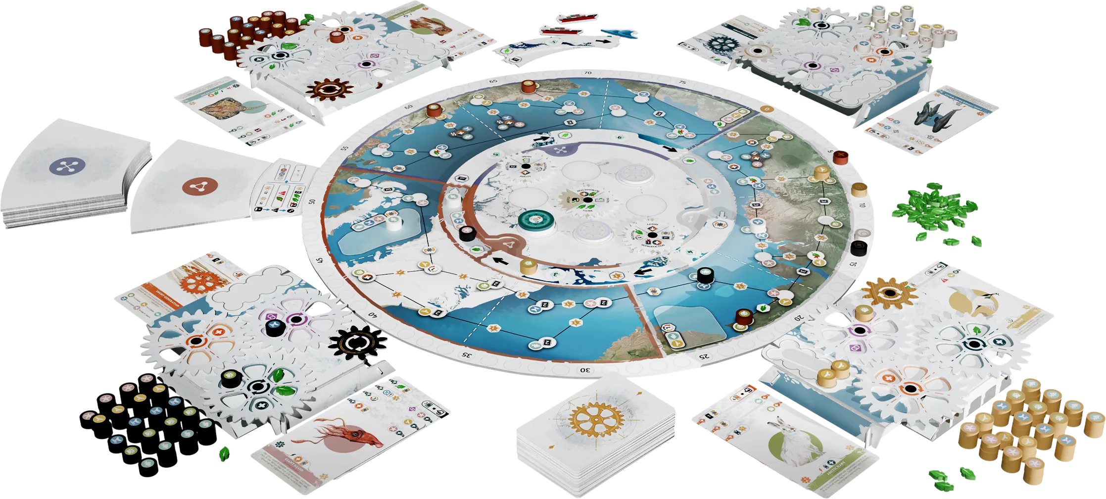 Official ARCTICA tabletop setup image from This Way, showing the board, player boards and cards.