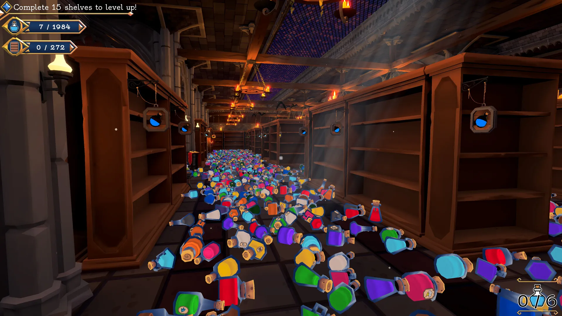 Official Shelve the Potions gameplay screenshot showing a cellar full of fallen potion bottles, empty shelves, and warm torchlight.